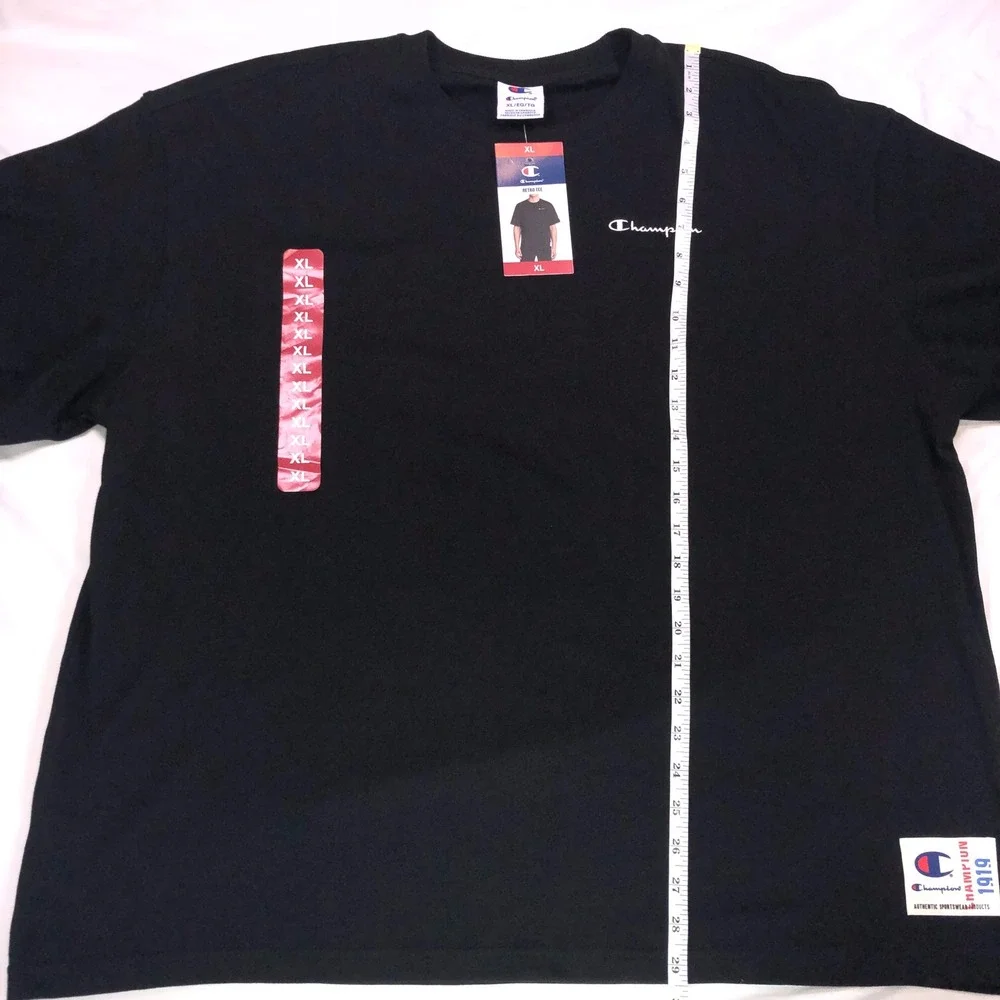 Champion Retro Tee Mens XL Black Short Sleeve Script Logo Crewneck T-Shirt NEW